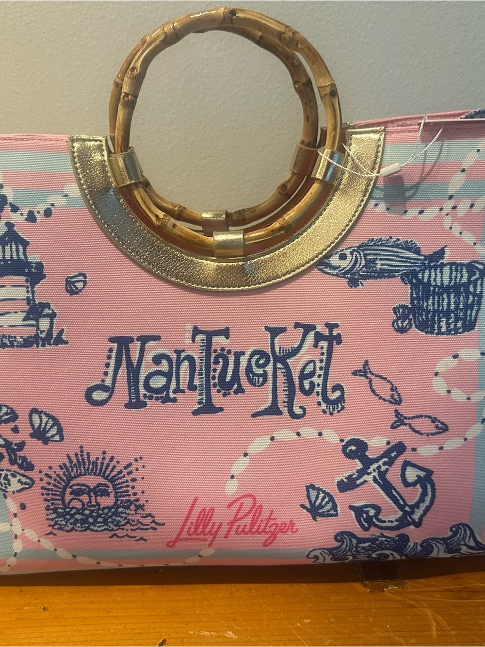 Lilly Pulitzer Pink Nantucket Canvas Tote with Bamboo Handles